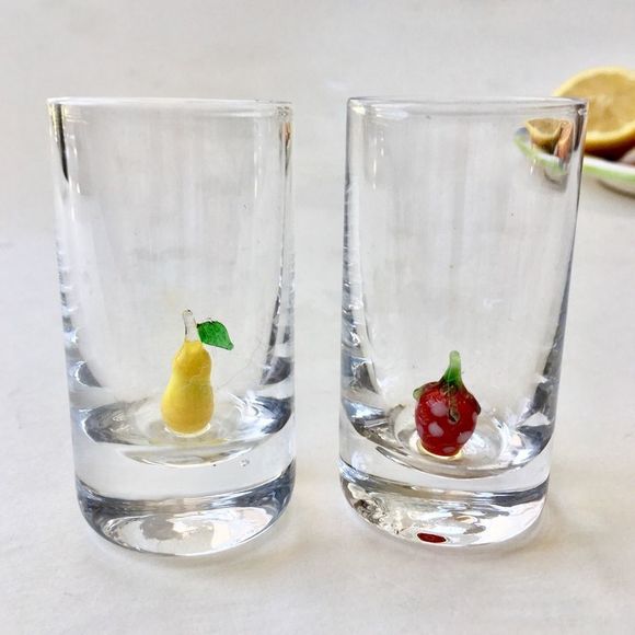 Set of 2 Shot Glasses with Handblown Fruit at Base - Picture 2 of 5